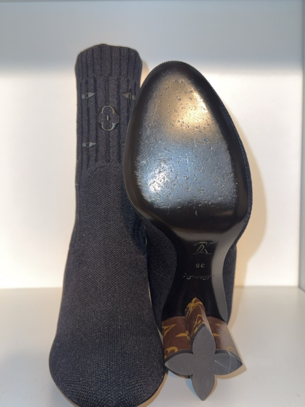 Louis Vuitton Black Knit Sock Ankle Boots with Monogram Heel Accent - Picture 3 of 7